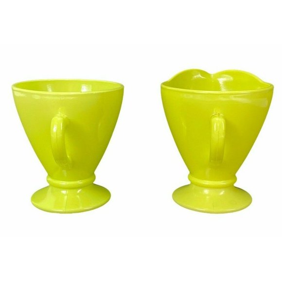 Vintage Hazel Atlas Ovidue Platonite Yellow Green Creamer Sugar Set c1950s - Picture 6 of 11